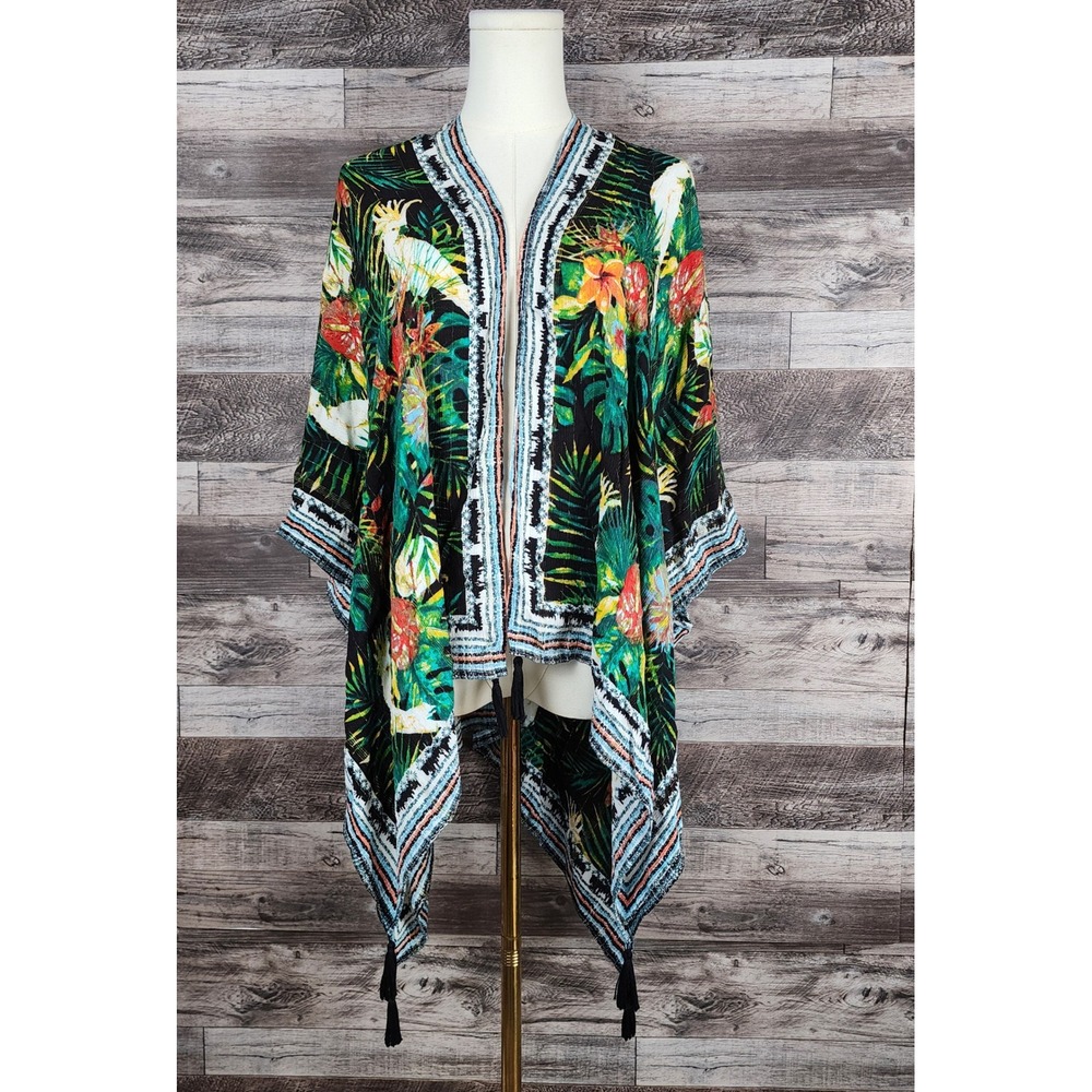 Nine West Tropical Bird Floral Kimono Metallic Gold Thread Tassel Wrap One Size